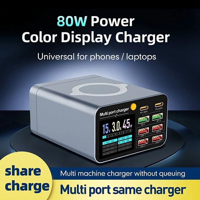 WLX-M2 80W Desktop Charger Adapter 8 Port GaN USB C PD 45W Charging Station Support Wireless Charging - US Plug - 4