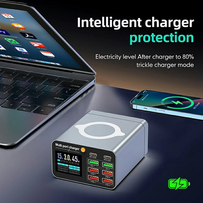 WLX-M2 80W Desktop Charger Adapter 8 Port GaN USB C PD 45W Charging Station Support Wireless Charging - US Plug - 7