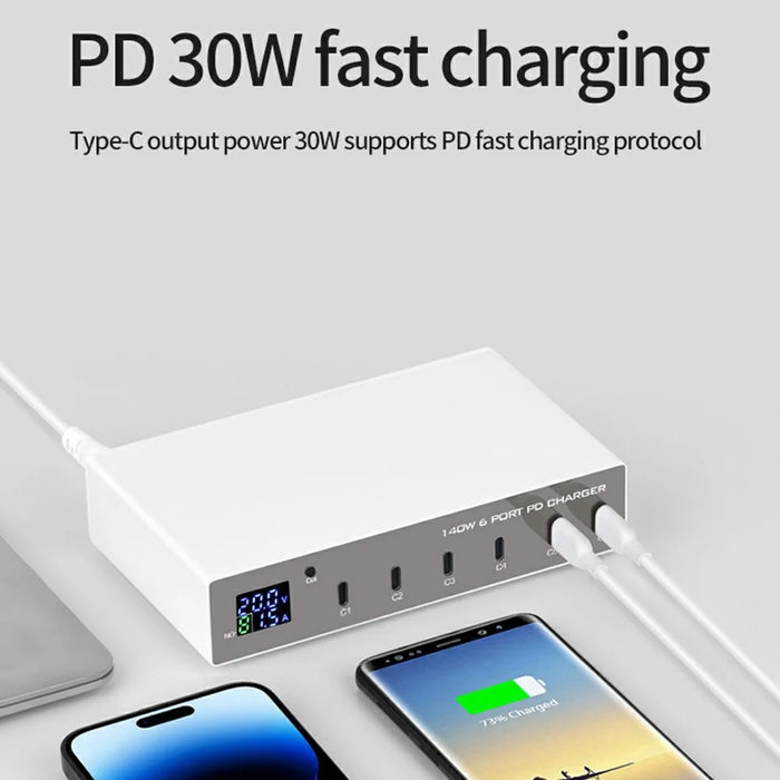 WLX-X6P 140W Desktop Charging Station 6 Ports GaN USB C PD 30W Fast Charger for Laptop / Smartphone / Tablet - US Plug - 2