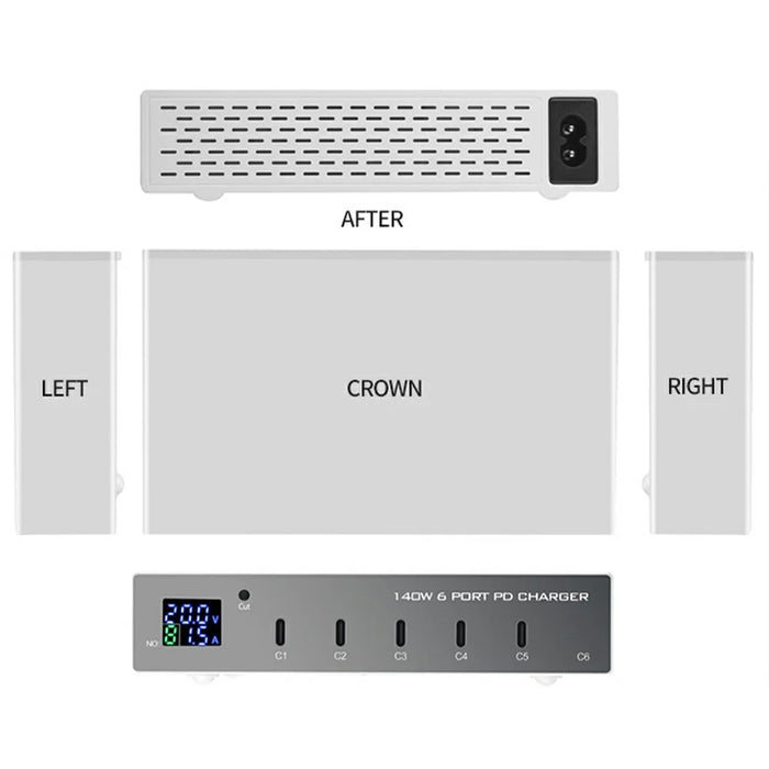 WLX-X6P 140W Desktop Charging Station 6 Ports GaN USB C PD 30W Fast Charger for Laptop / Smartphone / Tablet - US Plug - 6