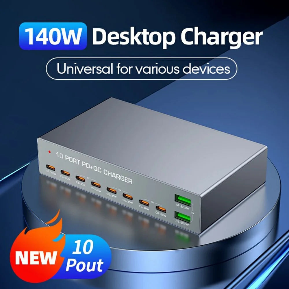WLX-X6Y 140W Desktop Charging Station USB C + USB A 10 Ports PD 100W GaN Fast Charger Hub - US Plug - 2