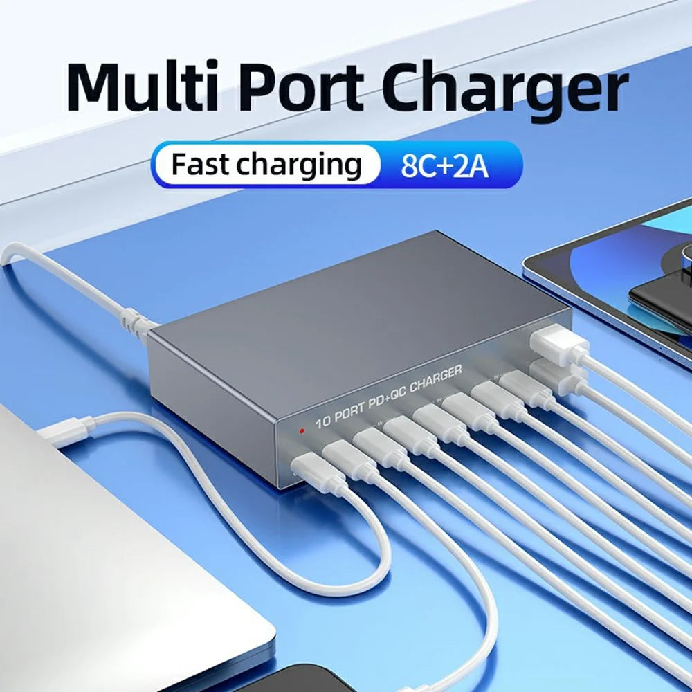 WLX-X6Y 140W Desktop Charging Station USB C + USB A 10 Ports PD 100W GaN Fast Charger Hub - US Plug - 3