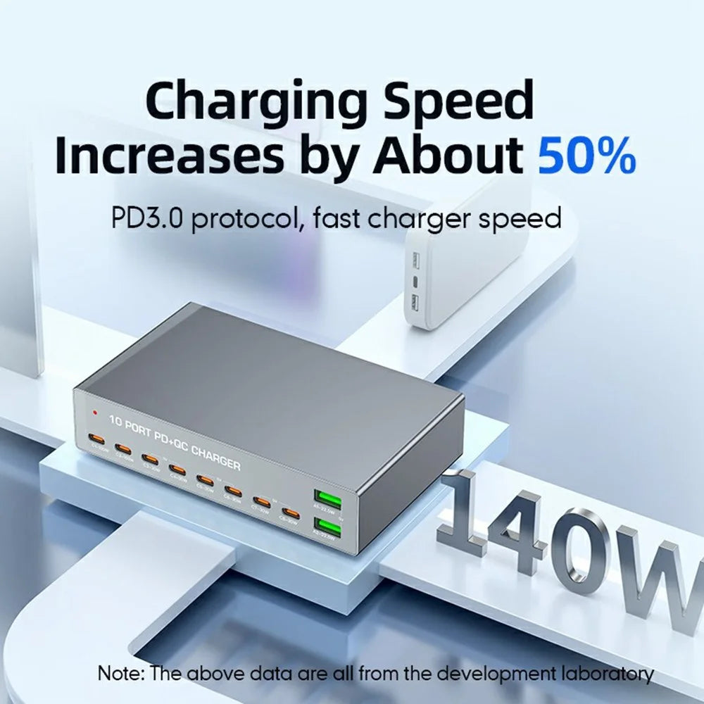 WLX-X6Y 140W Desktop Charging Station USB C + USB A 10 Ports PD 100W GaN Fast Charger Hub - US Plug - 5