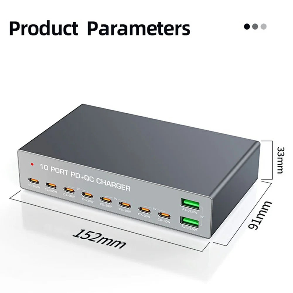 WLX-X6Y 140W Desktop Charging Station USB C + USB A 10 Ports PD 100W GaN Fast Charger Hub - US Plug - 7