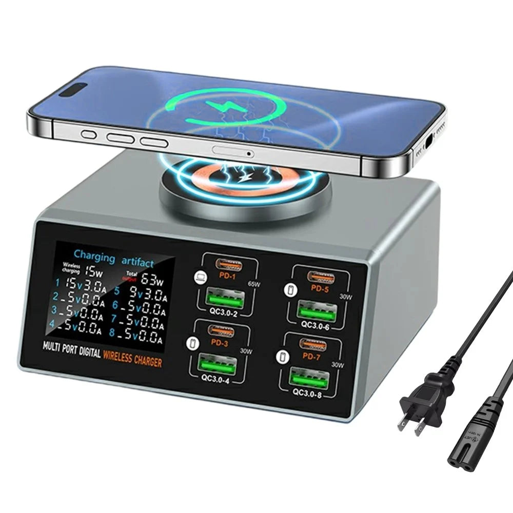 WLX-X9S 9 in 1 140W Desktop Charging Station 65W PD QC USB Type-C 8-Port Smart Charger Wireless Magnetic Charger - US Plug - 1