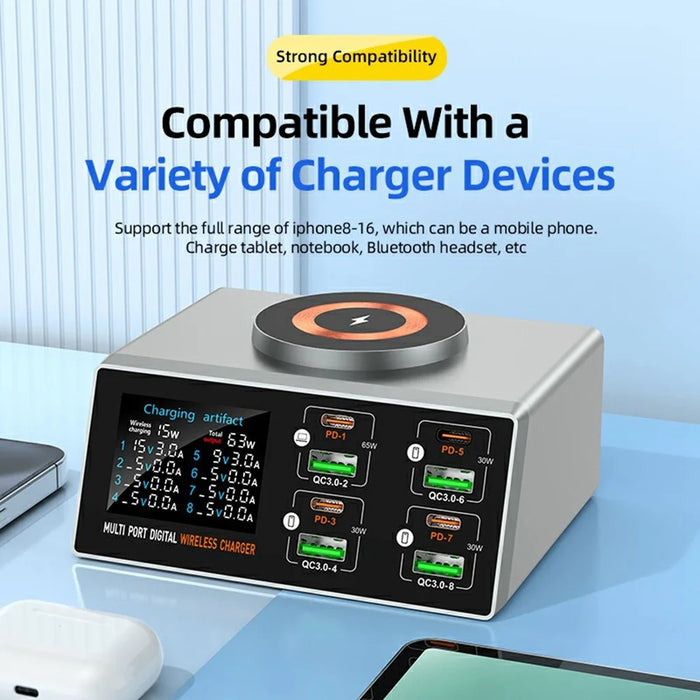 WLX-X9S 9 in 1 140W Desktop Charging Station 65W PD QC USB Type-C 8-Port Smart Charger Wireless Magnetic Charger - US Plug - 5
