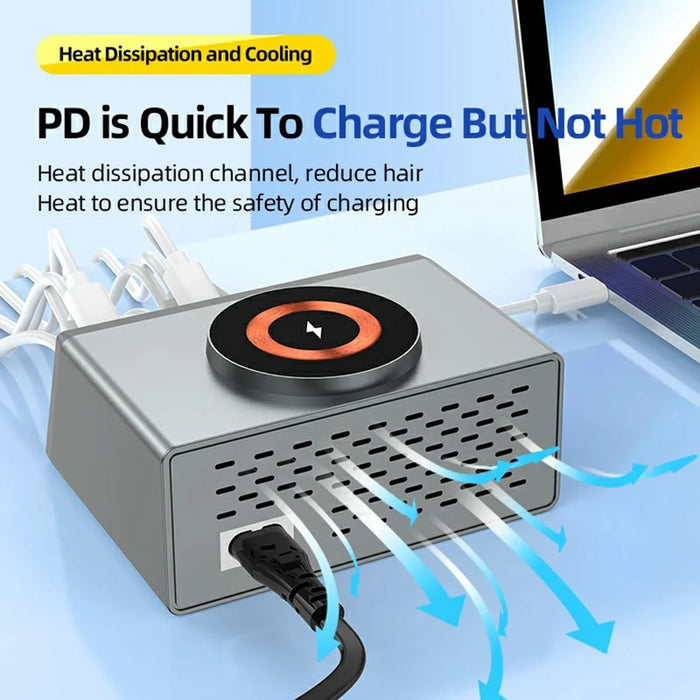 WLX-X9S 9 in 1 140W Desktop Charging Station 65W PD QC USB Type-C 8-Port Smart Charger Wireless Magnetic Charger - US Plug - 6