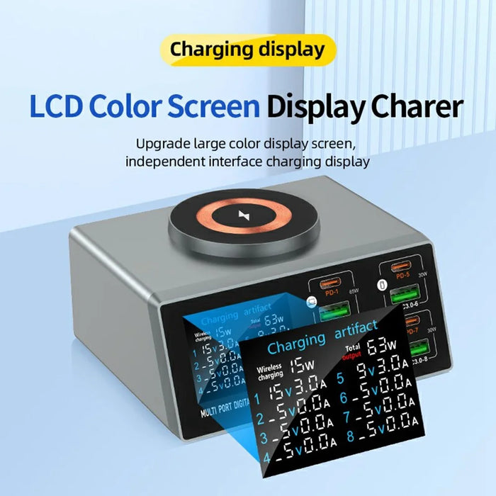 WLX-X9S 9 in 1 140W Desktop Charging Station 65W PD QC USB Type-C 8-Port Smart Charger Wireless Magnetic Charger - US Plug - 7