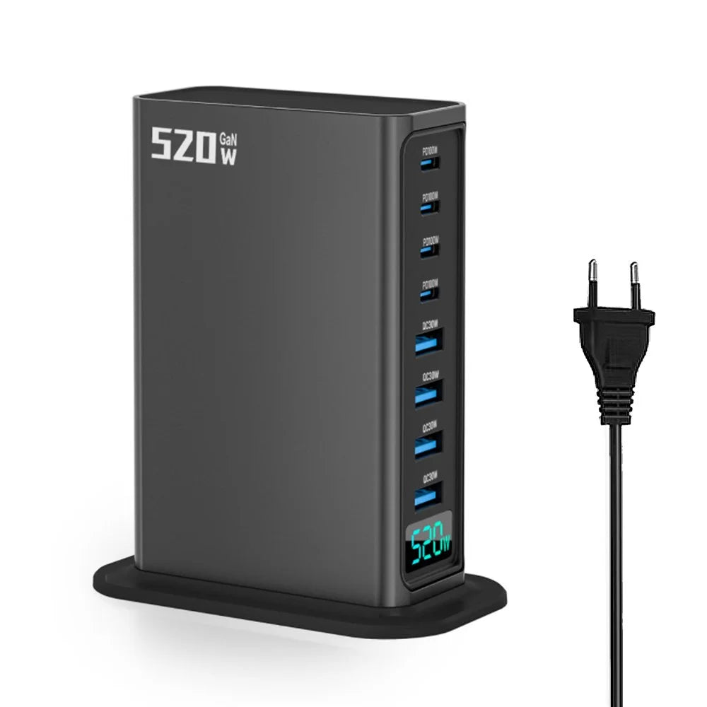 520W GaN Charger Type-C + USB-A 8 Ports Digital Display Desktop Fast Charging Station for Laptop Phone - Gunmetal  /  EU Plug - 1