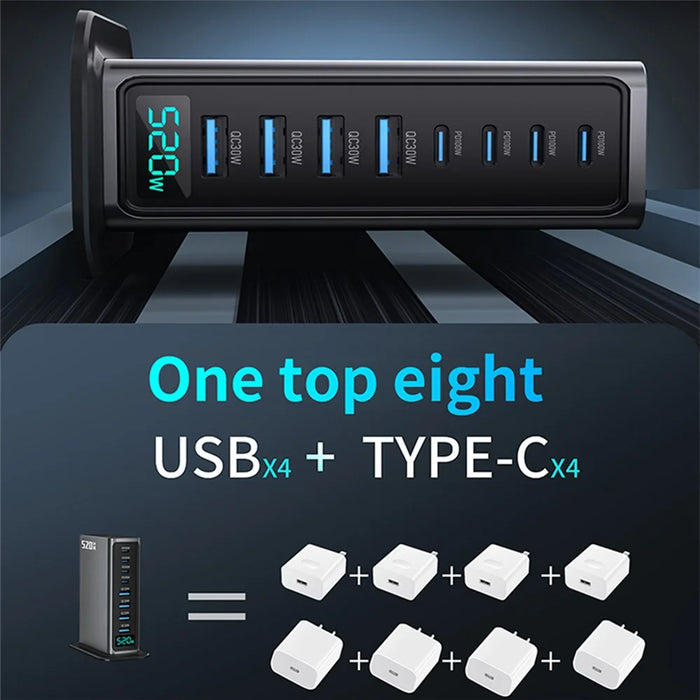 520W GaN Charger Type-C + USB-A 8 Ports Digital Display Desktop Fast Charging Station for Laptop Phone - Gunmetal  /  EU Plug - 3
