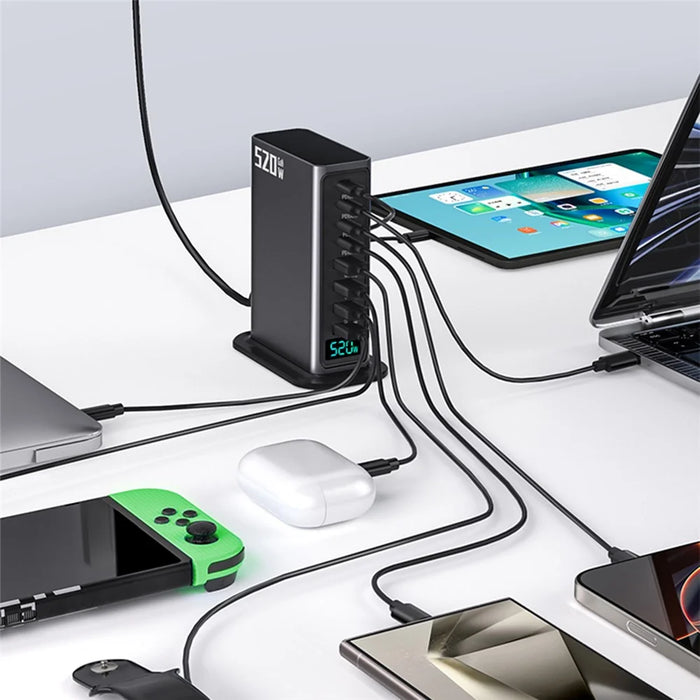 520W GaN Charger Type-C + USB-A 8 Ports Digital Display Desktop Fast Charging Station for Laptop Phone - Gunmetal  /  EU Plug - 4