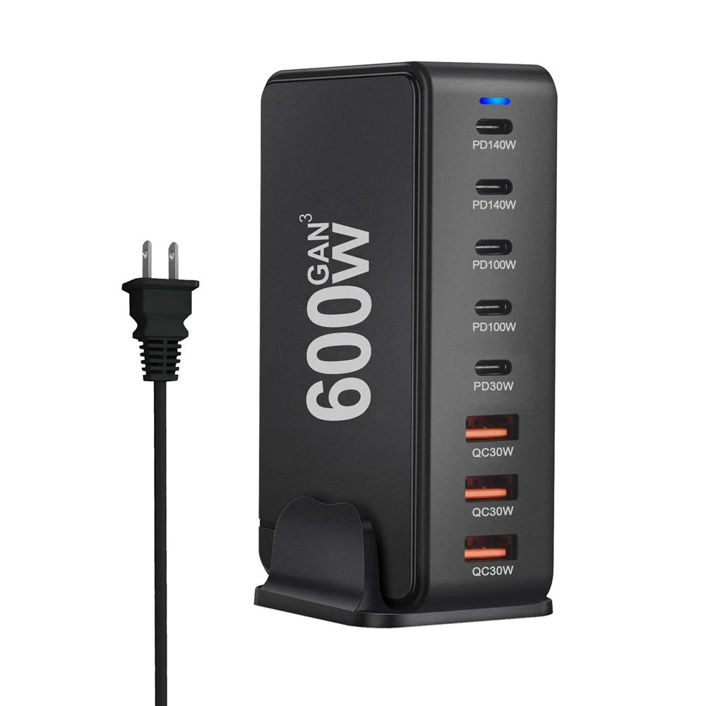 600W GaN Desktop Charger Type-C + USB-A 8-Port Fast Charging Station for Laptops Tablets Smartphones - Black  /  EU Plug - 1