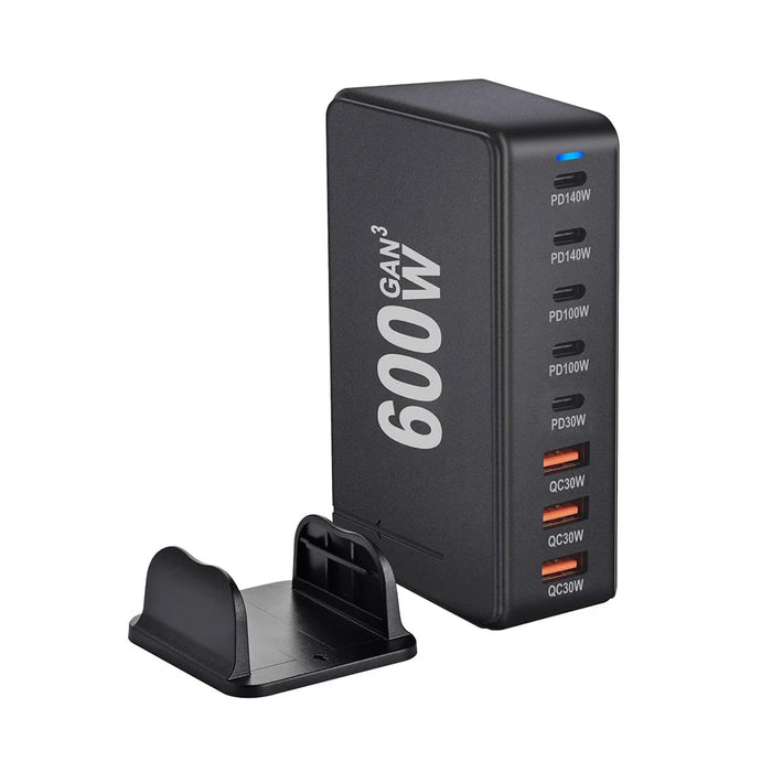 600W GaN Desktop Charger Type-C + USB-A 8-Port Fast Charging Station for Laptops Tablets Smartphones - Black  /  EU Plug - 2