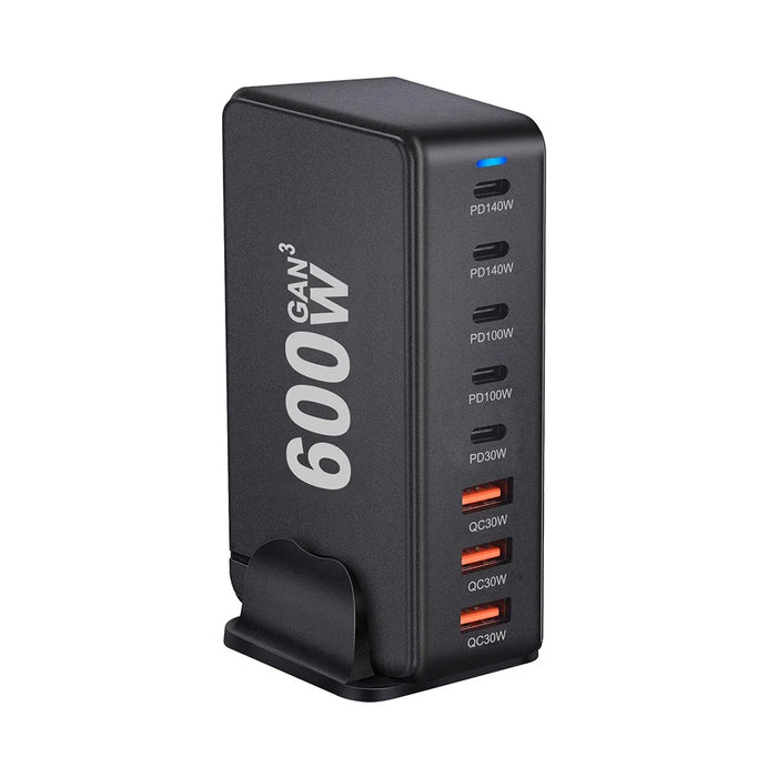 600W GaN Desktop Charger Type-C + USB-A 8-Port Fast Charging Station for Laptops Tablets Smartphones - Black  /  EU Plug - 3