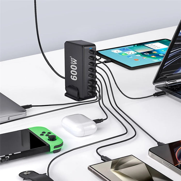 600W GaN Desktop Charger Type-C + USB-A 8-Port Fast Charging Station for Laptops Tablets Smartphones - Black  /  EU Plug - 5