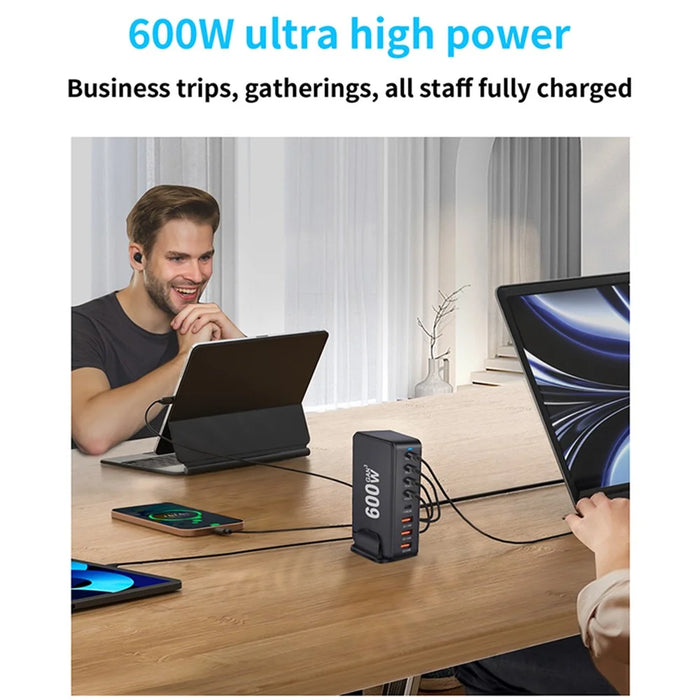 600W GaN Desktop Charger Type-C + USB-A 8-Port Fast Charging Station for Laptops Tablets Smartphones - Black  /  EU Plug - 7