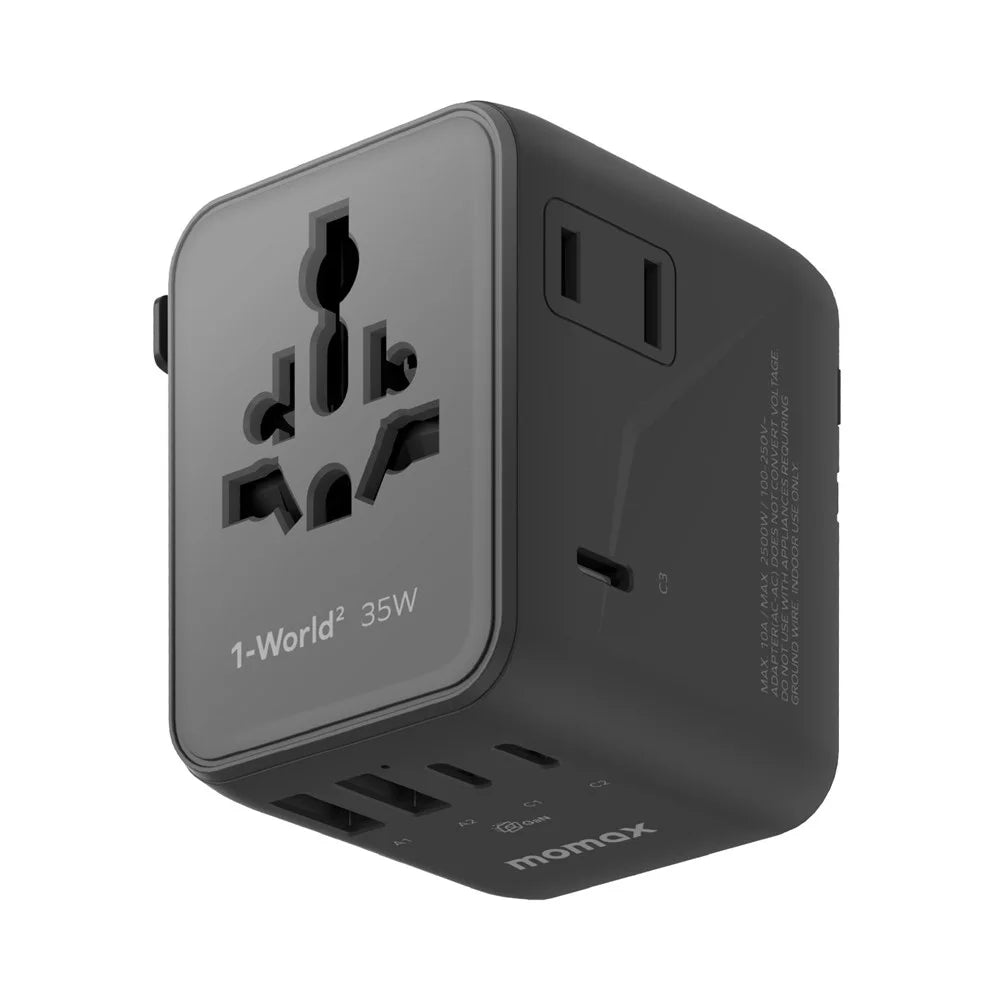 MOMAX UA27 1-World 2 Dual AC Mini GaN Global Adapter 35W Multi-Port Wall Charger Block Charging Station for Travel - Black - 1