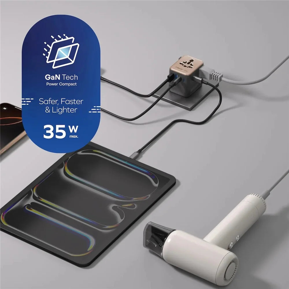 MOMAX UA27 1-World 2 Dual AC Mini GaN Global Adapter 35W Multi-Port Wall Charger Block Charging Station for Travel - Black - 5
