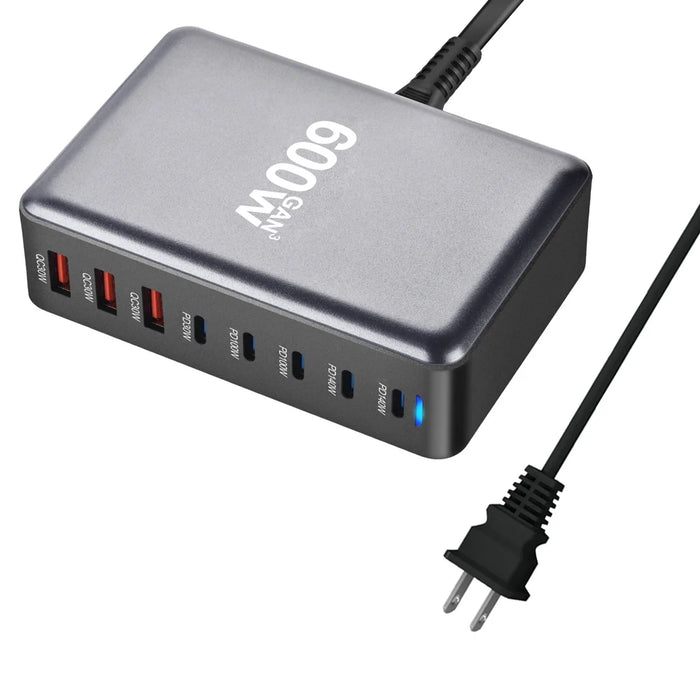 600W High Power GaN Desktop Charging Station USB-A + Type-C Multi-Port Fast Charging Adapter - US Plug/Black - 1