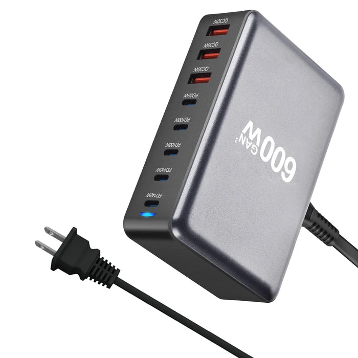 600W High Power GaN Desktop Charging Station USB-A + Type-C Multi-Port Fast Charging Adapter - US Plug/Black - 2
