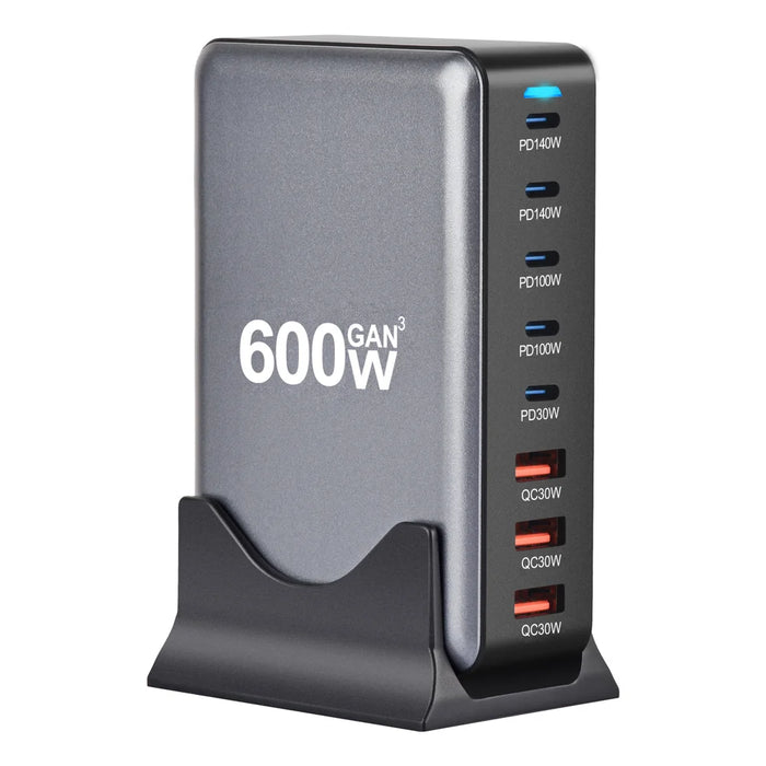 600W High Power GaN Desktop Charging Station USB-A + Type-C Multi-Port Fast Charging Adapter - US Plug/Black - 5