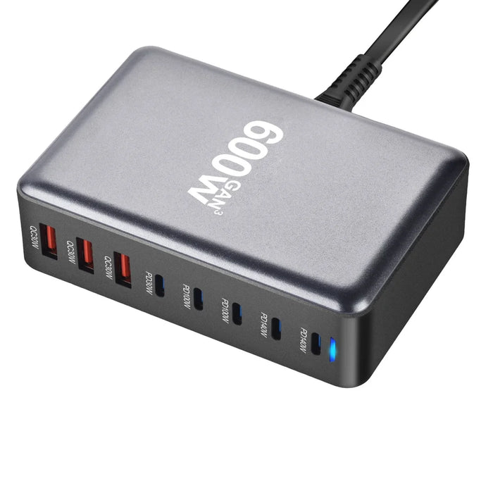 600W High Power GaN Desktop Charging Station USB-A + Type-C Multi-Port Fast Charging Adapter - US Plug/Black - 7