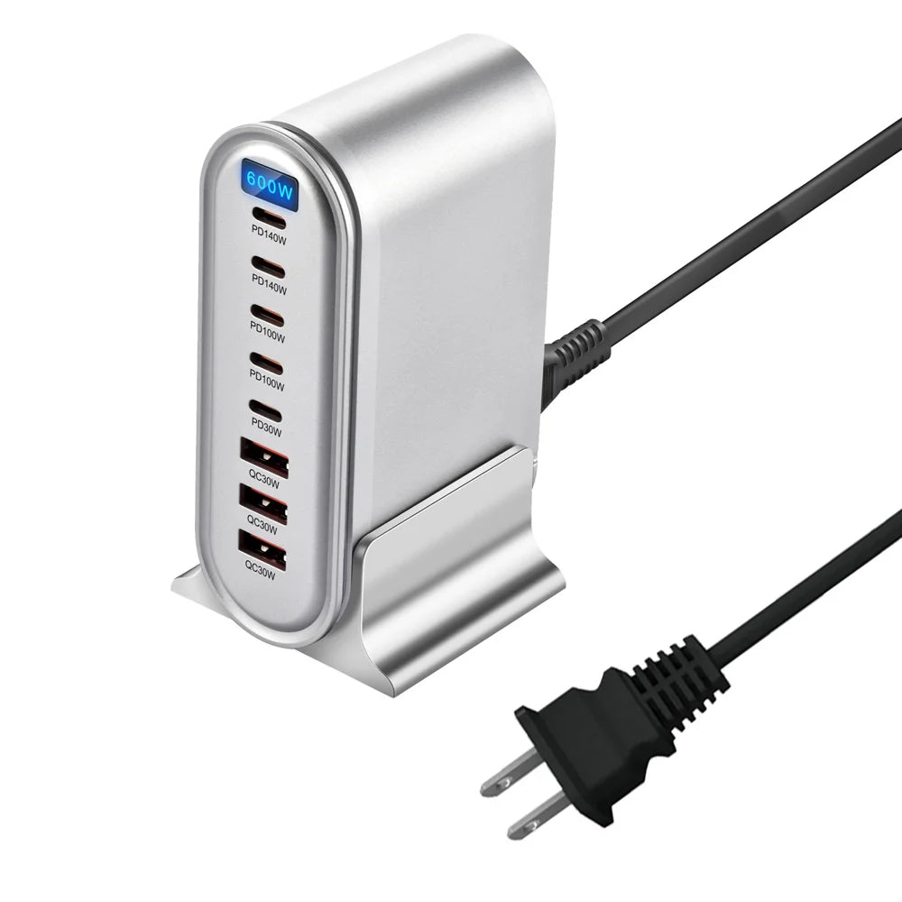 600W Desktop PD Fast Charger Station Digital Display Multi-Port GaN Power Adapter with Desk Stand - Silver/US Plug - 1