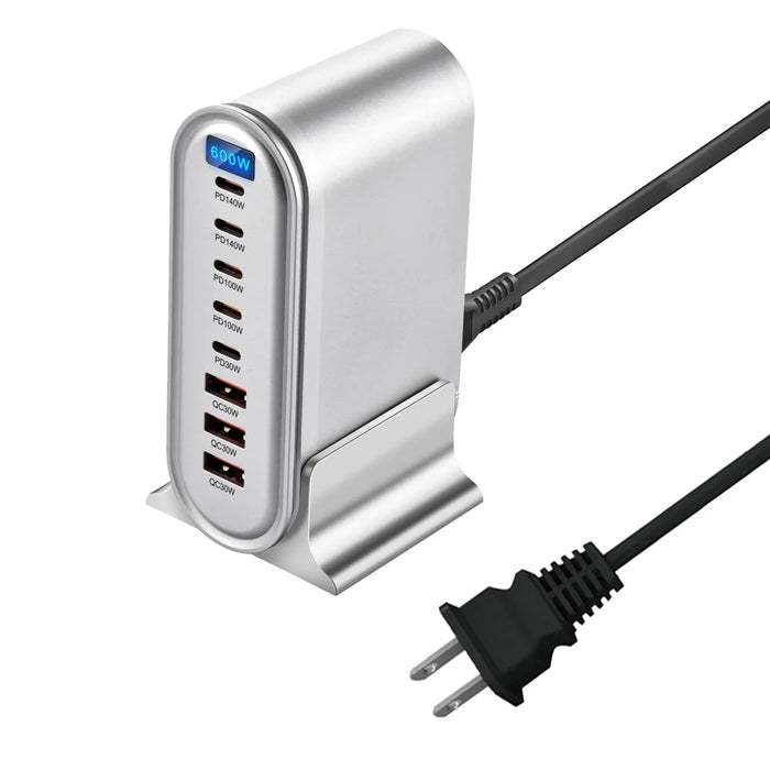 600W Desktop PD Fast Charger Station Digital Display Multi-Port GaN Power Adapter with Desk Stand - Silver/US Plug - 1
