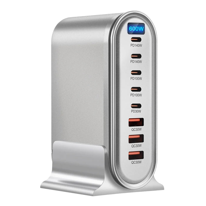 600W Desktop PD Fast Charger Station Digital Display Multi-Port GaN Power Adapter with Desk Stand - Silver/US Plug - 2