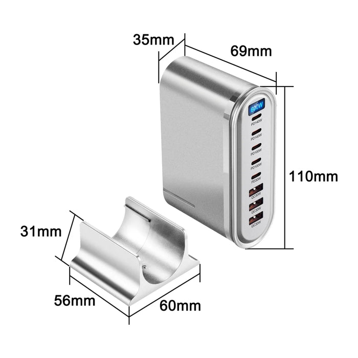600W Desktop PD Fast Charger Station Digital Display Multi-Port GaN Power Adapter with Desk Stand - Silver/US Plug - 3