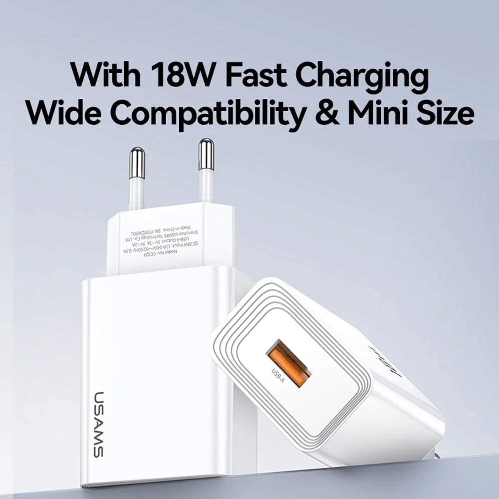 USAMS CC324 T69 QC 18W Fast Charger Adapter Quick Charge Wide Voltage Wall Charger Block, EU Plug - 5