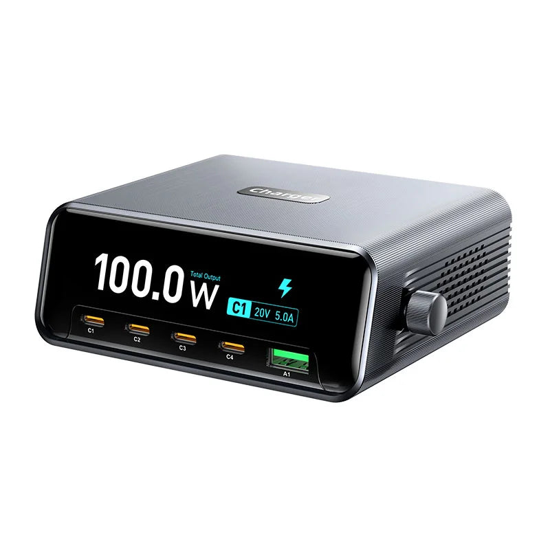 WLX-60D 5-Port GaN Charging Station 100W Max USB-A + 4 Type-C Desktop Charger with LCD Smart Display - US Plug - 1