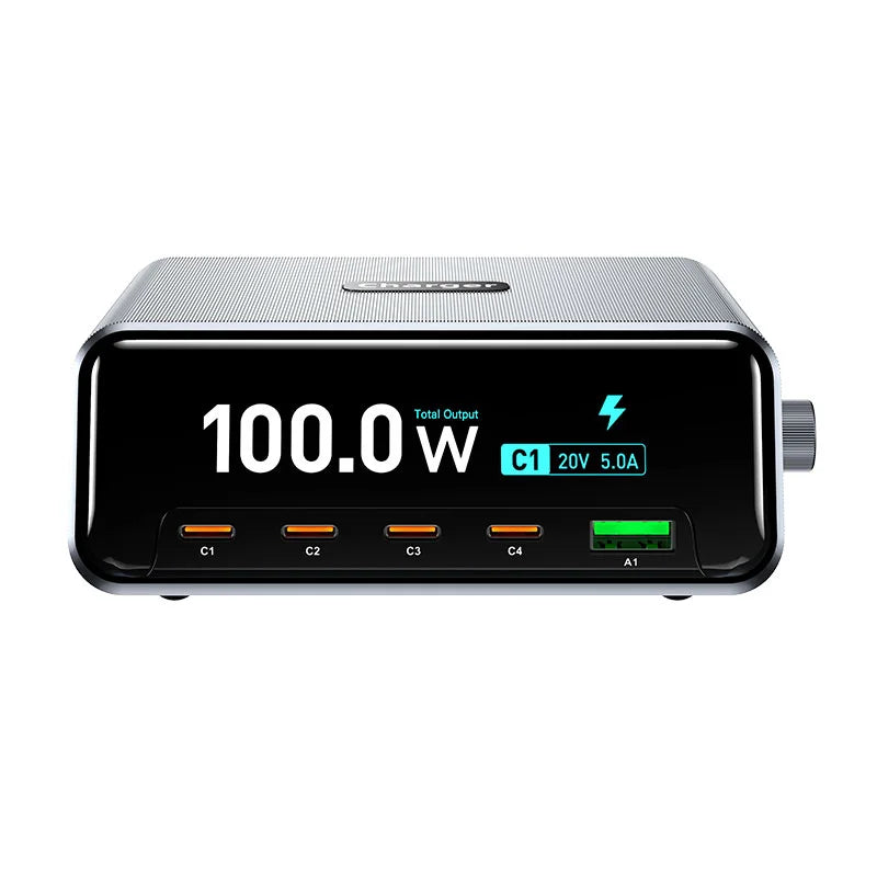 WLX-60D 5-Port GaN Charging Station 100W Max USB-A + 4 Type-C Desktop Charger with LCD Smart Display - US Plug - 3