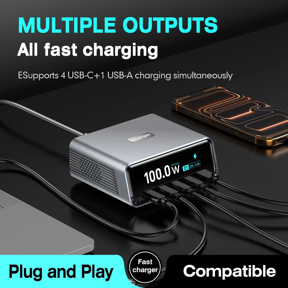 WLX-60D 5-Port GaN Charging Station 100W Max USB-A + 4 Type-C Desktop Charger with LCD Smart Display - US Plug - 5
