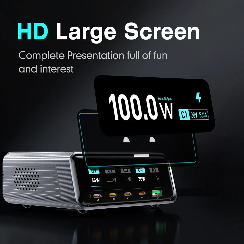 WLX-60D 5-Port GaN Charging Station 100W Max USB-A + 4 Type-C Desktop Charger with LCD Smart Display - US Plug - 6