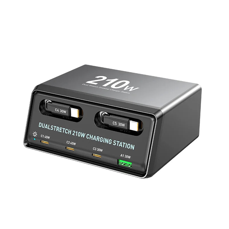 WLX-60E 210W GaN Desktop Charger USB-A + 3 Type-C Power Station with 70cm Retractable Cable - US Plug - 3