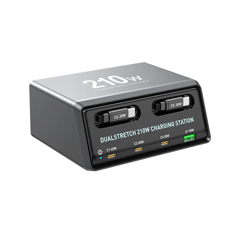 WLX-60E 210W GaN Desktop Charger USB-A + 3 Type-C Power Station with 70cm Retractable Cable - US Plug - 4