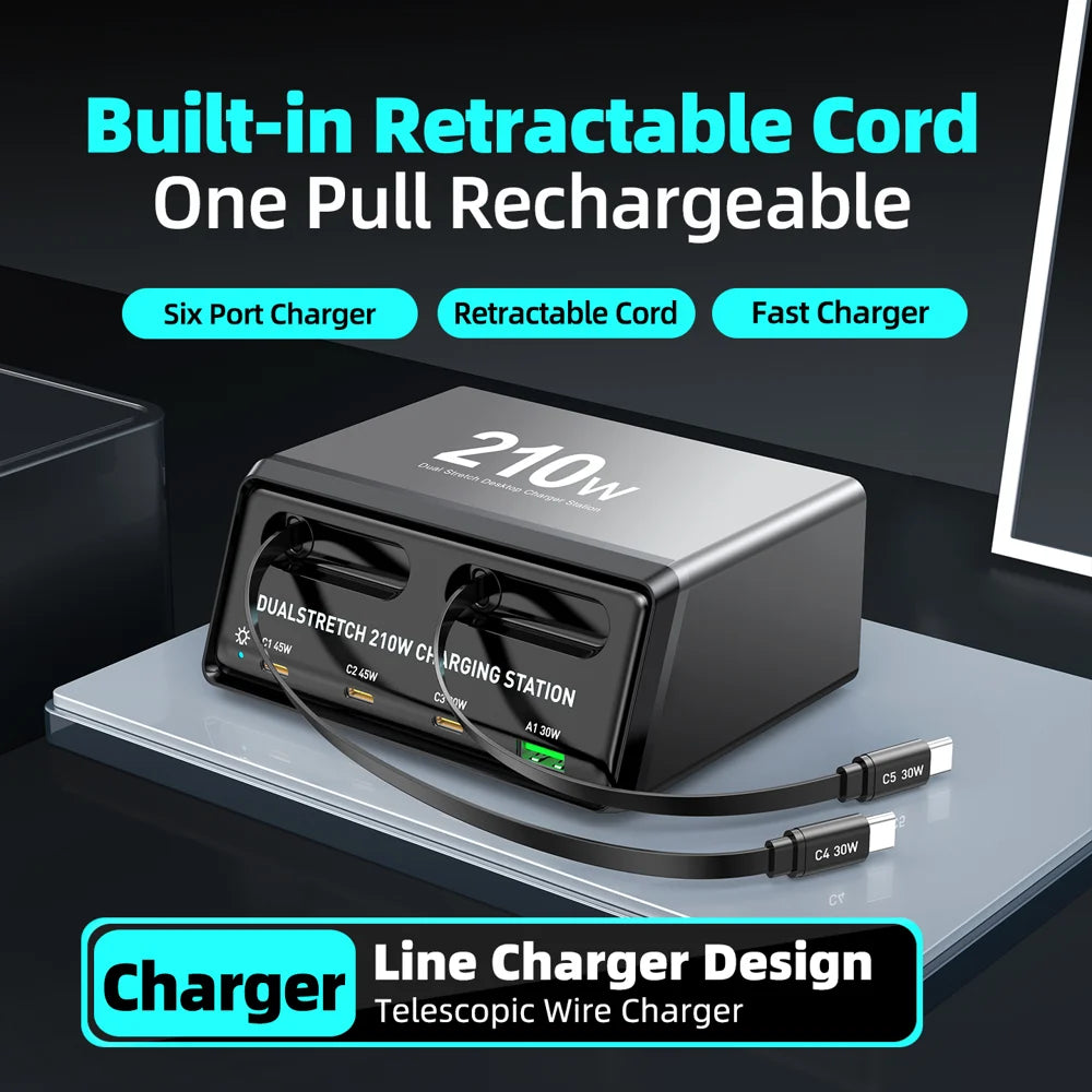 WLX-60E 210W GaN Desktop Charger USB-A + 3 Type-C Power Station with 70cm Retractable Cable - US Plug - 5
