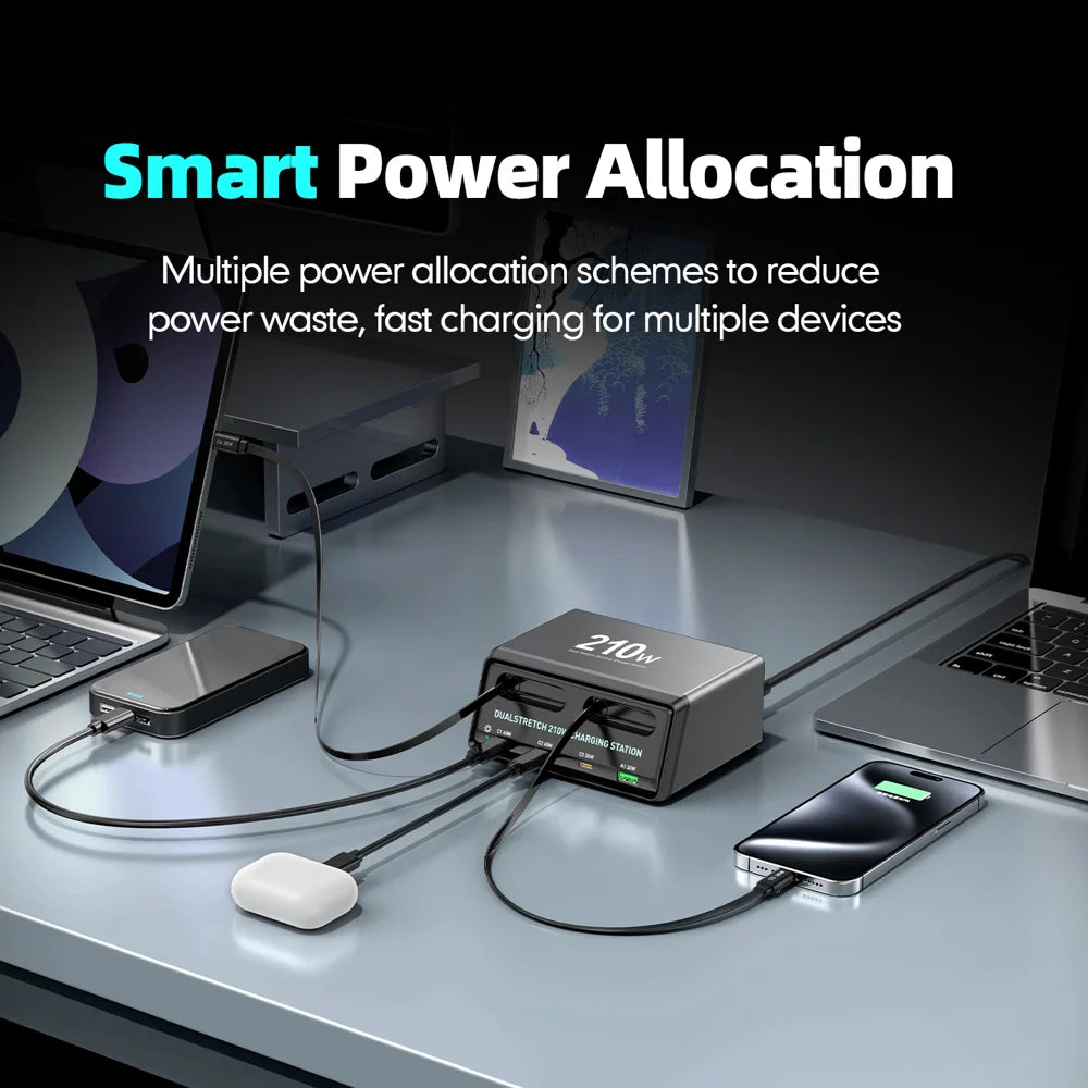 WLX-60E 210W GaN Desktop Charger USB-A + 3 Type-C Power Station with 70cm Retractable Cable - US Plug - 6