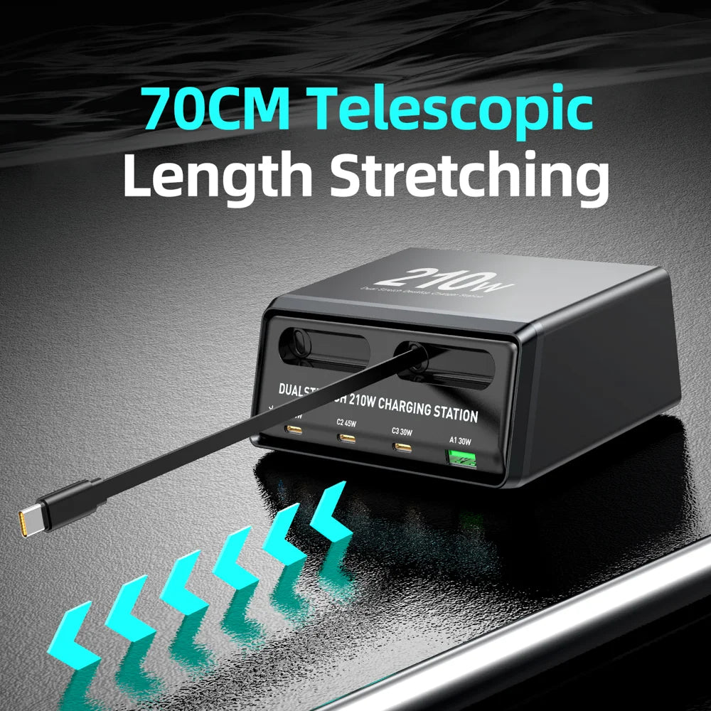 WLX-60E 210W GaN Desktop Charger USB-A + 3 Type-C Power Station with 70cm Retractable Cable - US Plug - 7