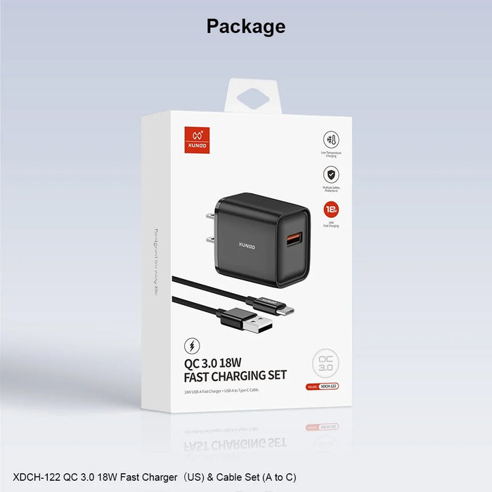 XUNDD XDCH-122 18W USB-A Fast Charger for Smartphone / Tablet QC 3.0 Power Adapter with USB-C Cable - US Plug - 7