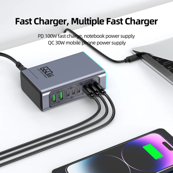 WLX-F8L USB-A + Type-C 8-Port Fast Charge Desktop Power Hub 660W GaN Charging Station - US Plug - 5