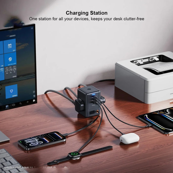 XUNDD XDCH-123 PD 30W Universal USB Power Strip with Retractable Cable Desktop Charging Station, 2 AC + 3 USB-C + 1 USB-A - EU Plug - 3