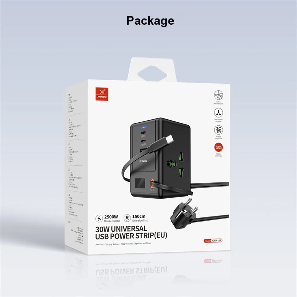 XUNDD XDCH-123 PD 30W Universal USB Power Strip with Retractable Cable Desktop Charging Station, 2 AC + 3 USB-C + 1 USB-A - EU Plug - 7