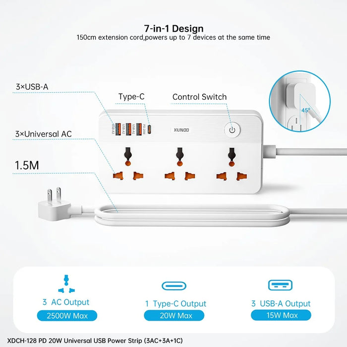 XUNDD XDCH-128 Universal USB Power Strip 7 in 1 PD 20W Fast Charging Station, 3 AC + 3 USB-A + 1 Type-C - US Plug - 4