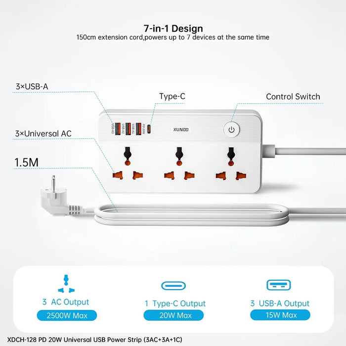 XUNDD XDCH-128 Universal USB Power Strip 7 in 1 PD 20W Fast Charging Station, 3 AC + 3 USB-A + 1 Type-C - US Plug - 5