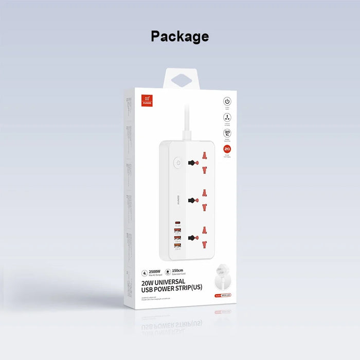 XUNDD XDCH-128 Universal USB Power Strip 7 in 1 PD 20W Fast Charging Station, 3 AC + 3 USB-A + 1 Type-C - US Plug - 7