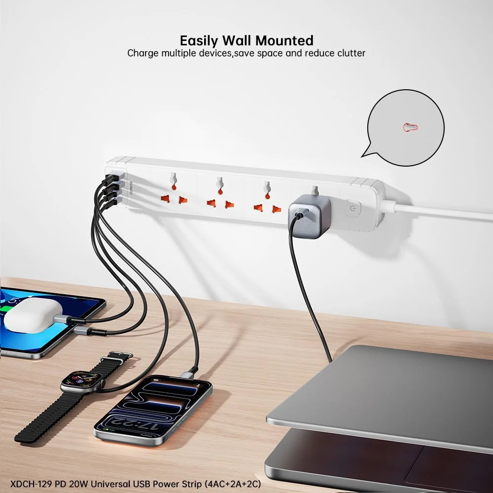 XUNDD XDCH-129 Universal 8 in 1 USB Power Strip with 4 AC + 2 USB-A + 2 USB-C Ports PD 20W Fast Charging Adapter - US Plug - 2