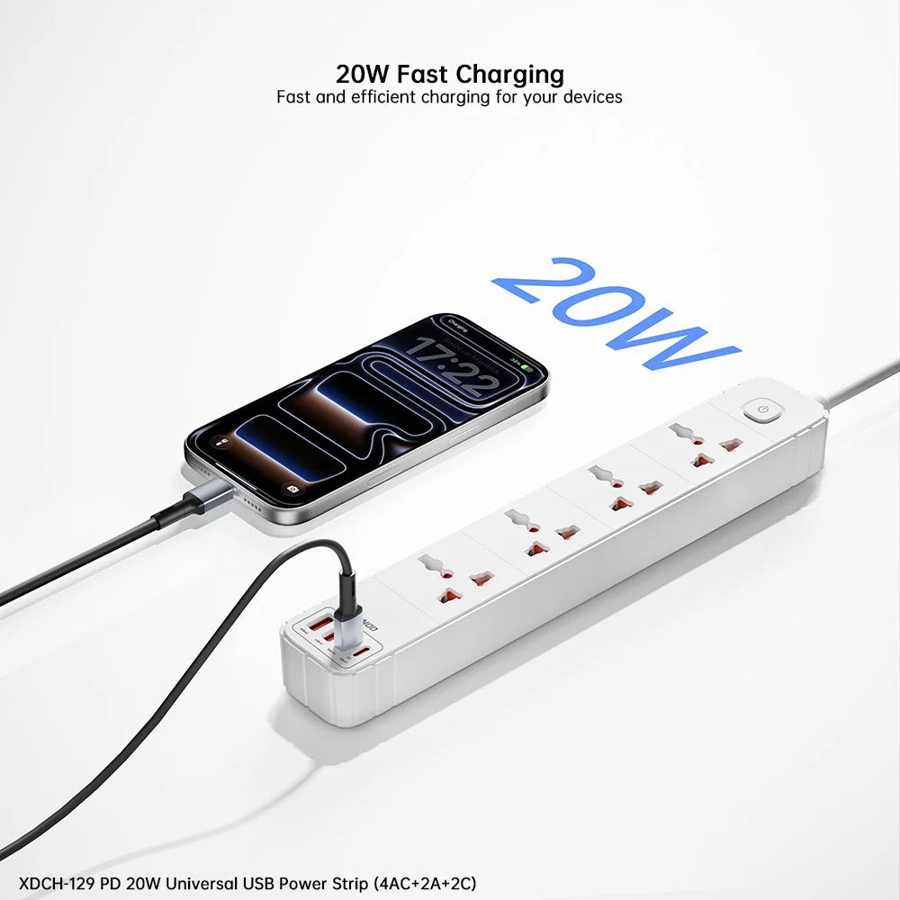 XUNDD XDCH-129 Universal 8 in 1 USB Power Strip with 4 AC + 2 USB-A + 2 USB-C Ports PD 20W Fast Charging Adapter - US Plug - 3