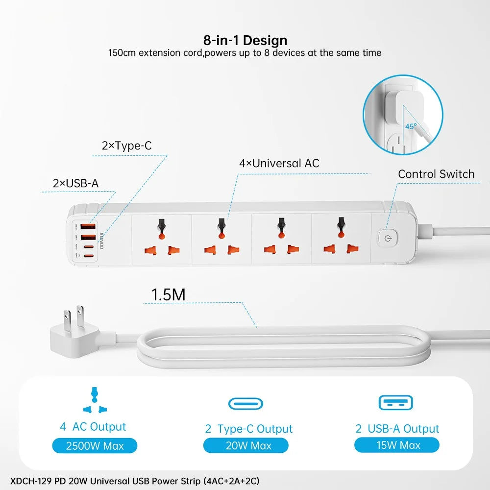 XUNDD XDCH-129 Universal 8 in 1 USB Power Strip with 4 AC + 2 USB-A + 2 USB-C Ports PD 20W Fast Charging Adapter - US Plug - 4